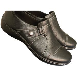 Clarks Cora Poppy Black Leather Slip on Shoe Comfort Flat Loafer Women 8.5W Wide